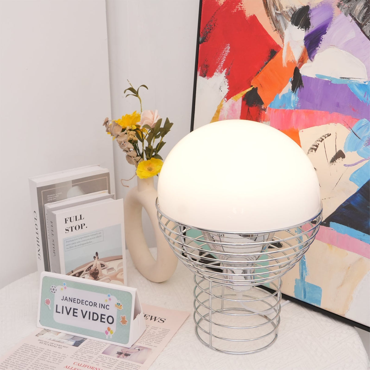 Modern Wire Table Lamp Chrome Frame White Dome Design - Product example
