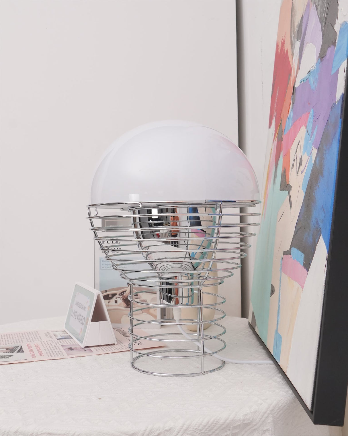 Modern Wire Table Lamp Chrome Frame White Dome Design - Product detail 12