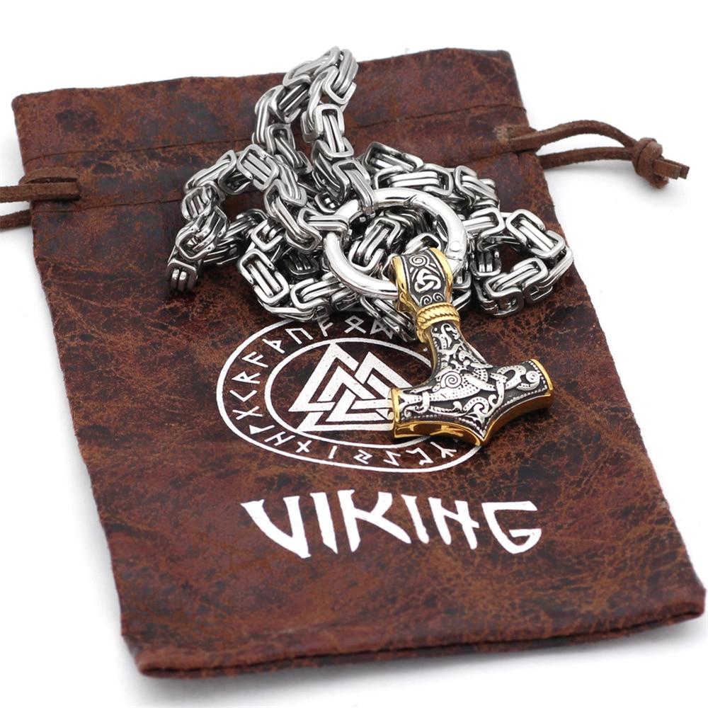Stainless Steel Wolf Head Necklace Norse Mjolnir Pendant Chain - Product detail 6