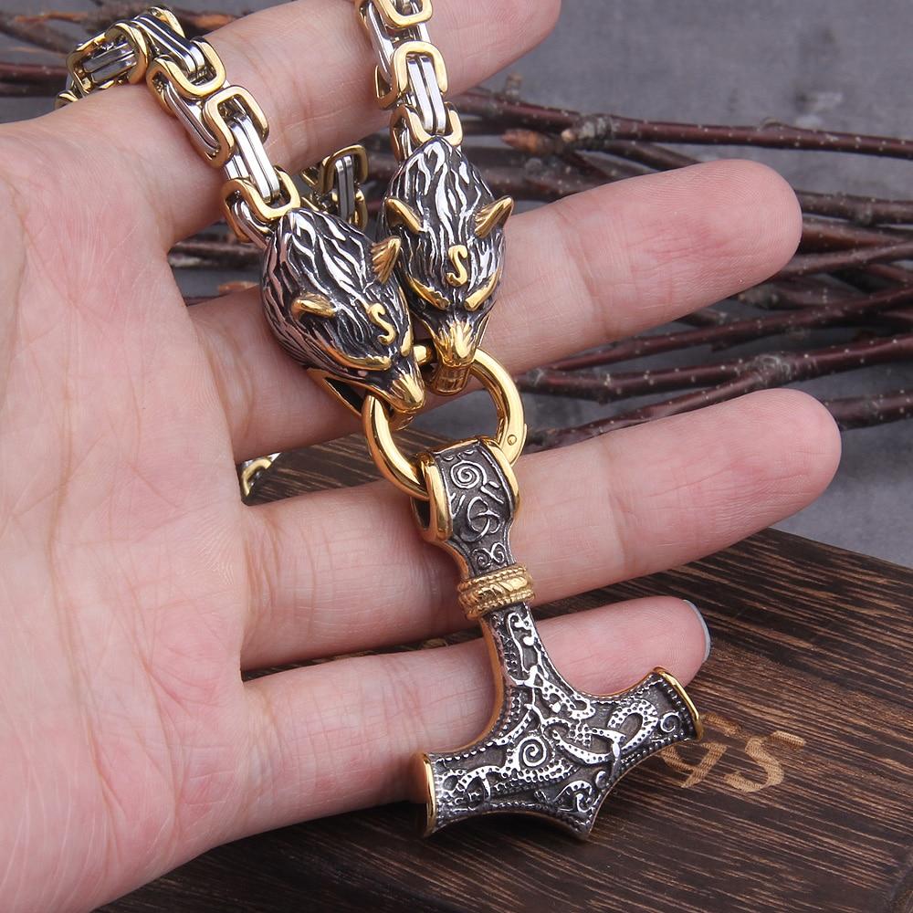 Stainless Steel Wolf Head Necklace Norse Mjolnir Pendant Chain - Product detail 8