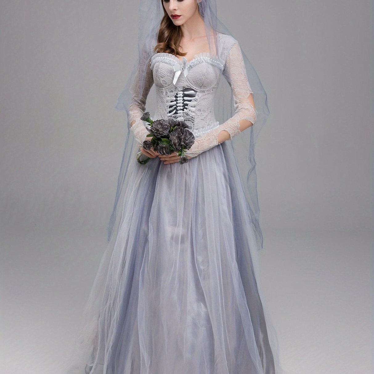 Womens Gothic Corpse Bride Halloween Costume Dress Lace Maxi Gown - Product showcase