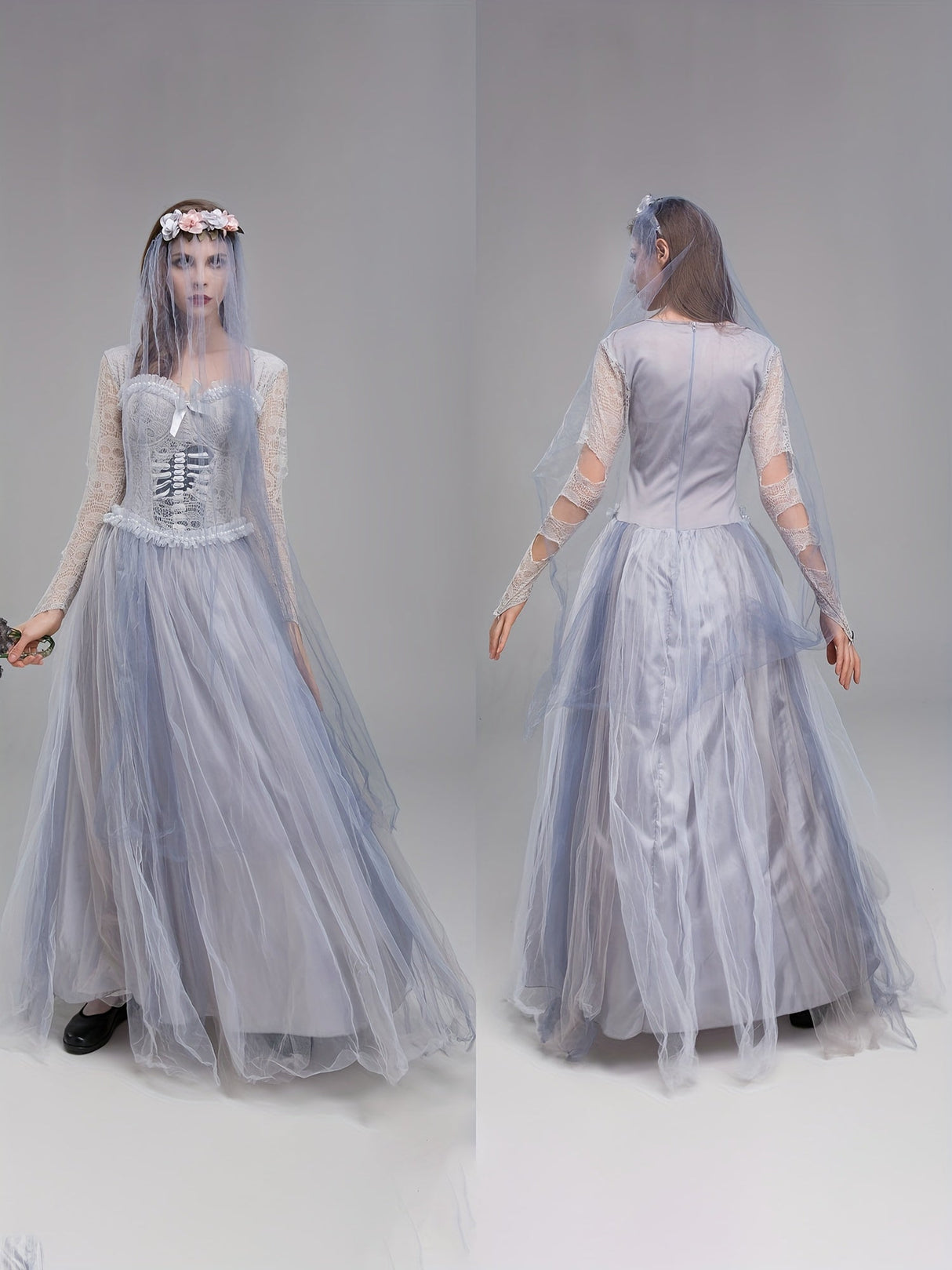 Womens Gothic Corpse Bride Halloween Costume Dress Lace Maxi Gown - Detailed view