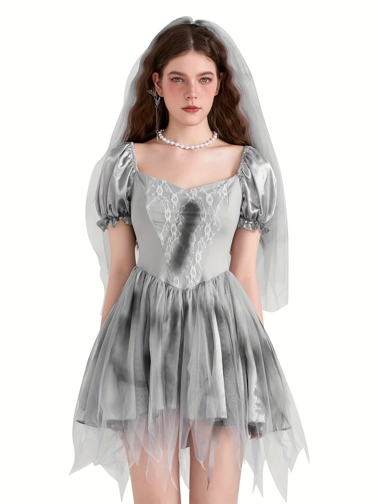 Womens Gothic Corpse Bride Halloween Costume Dress Puff Sleeve Mini Outfit - Product showcase