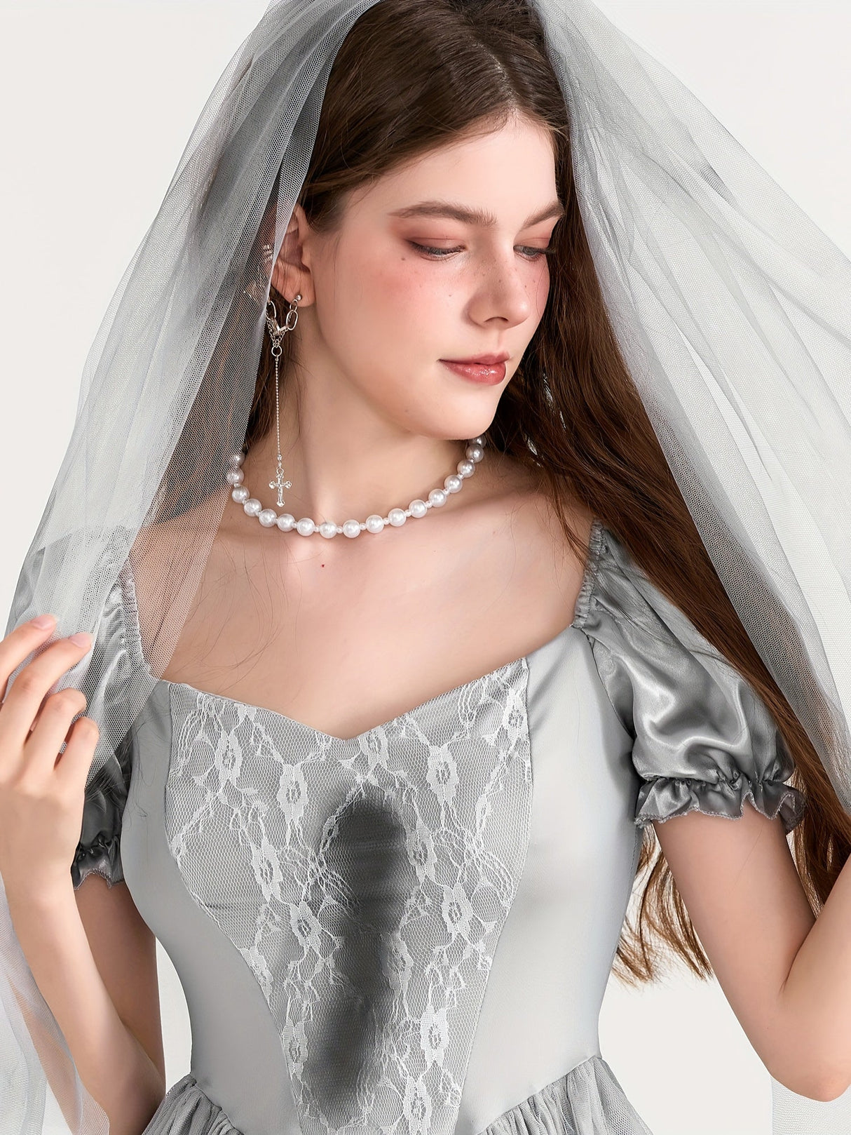 Womens Gothic Corpse Bride Halloween Costume Dress Puff Sleeve Mini Outfit - Detailed view