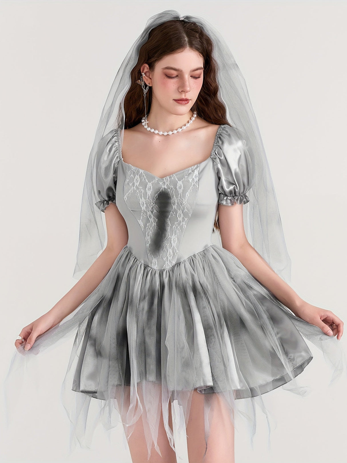 Womens Gothic Corpse Bride Halloween Costume Dress Puff Sleeve Mini Outfit - Product detail 4