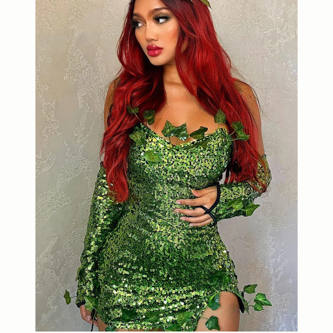 Fantasy Sequin Costume Halloween Dress Strapless Leaf Mini Dress - Detailed view