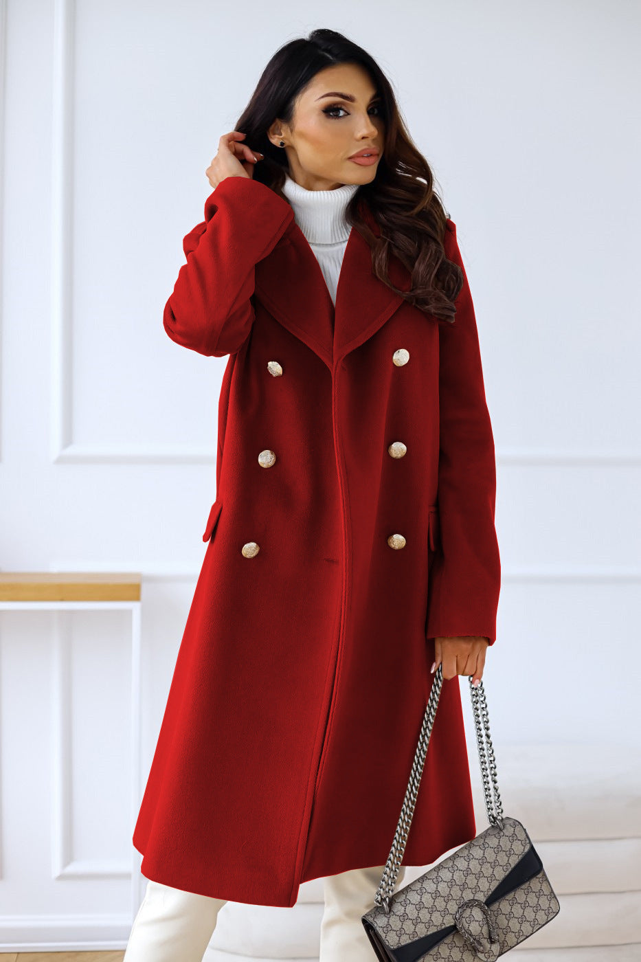 Double-Breasted Wool Coat Wide Lapel Tailored Design - Product detail 5