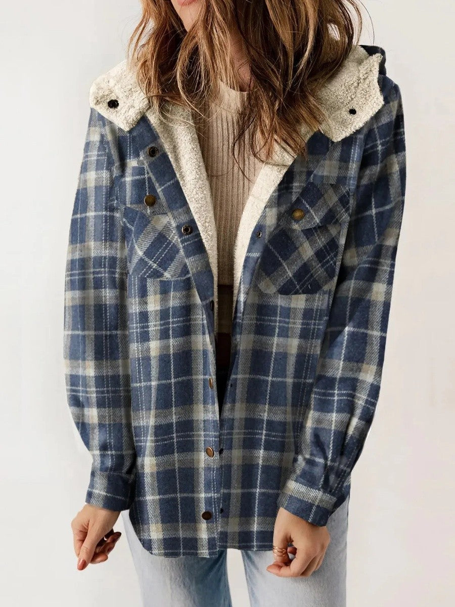 Plaid Fleece Shacket Hooded Button-Front Design - Product detail 4