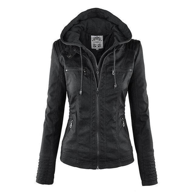 Gothic Leather Jacket Hooded Moto Design With Multi Zip Details - Product showcase