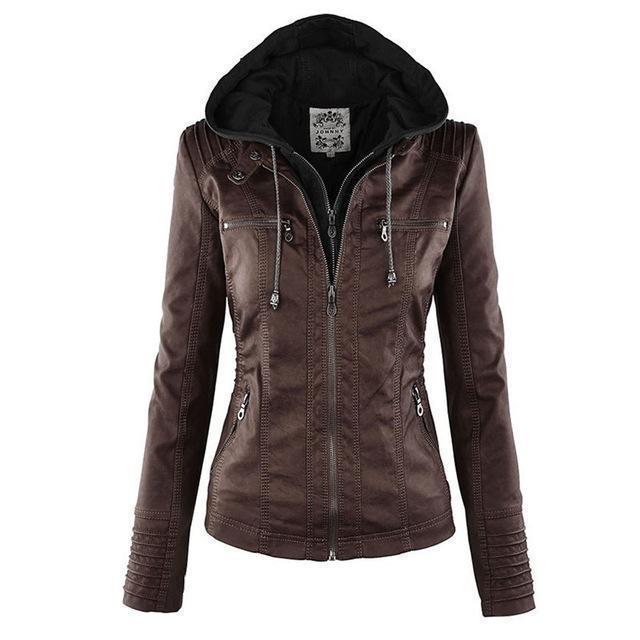 Gothic Leather Jacket Hooded Moto Design With Multi Zip Details - Detailed view