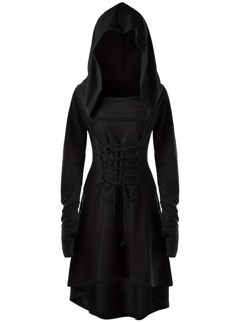 Womens Gothic Halloween Costume Gown Lace-Up Hooded Long Sleeve Dress - Product showcase