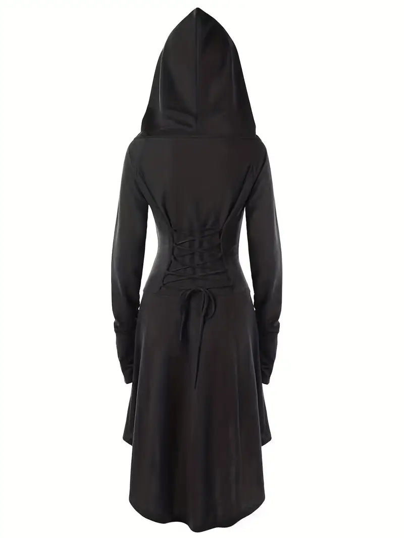 Womens Gothic Halloween Costume Gown Lace-Up Hooded Long Sleeve Dress - Detailed view