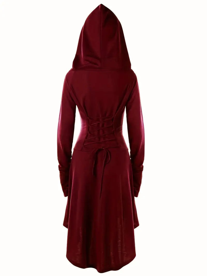 Womens Gothic Halloween Costume Gown Lace-Up Hooded Long Sleeve Dress - Product detail 4