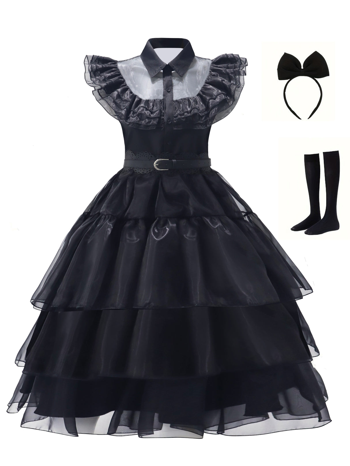 Womens Gothic Ruffle Halloween Costume Dress Layered Midi Outfit Set - Product showcase