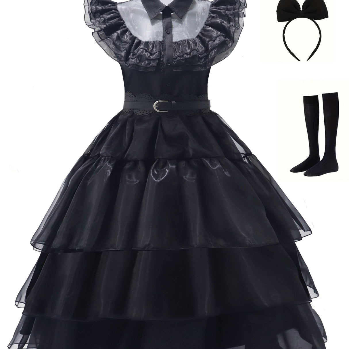 Womens Gothic Ruffle Halloween Costume Dress Layered Midi Outfit Set - Product detail 6