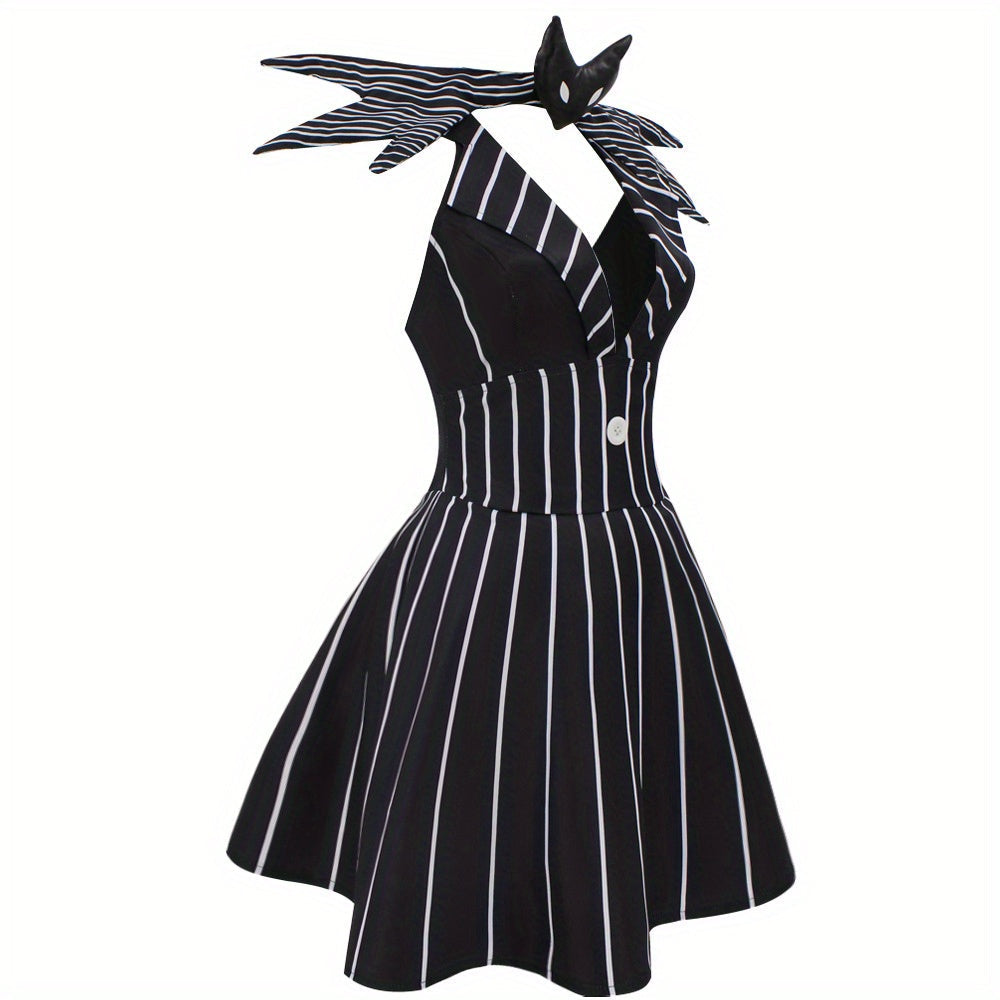 Womens Gothic Striped Halloween Costume Dress Mini Outfit - Detailed view