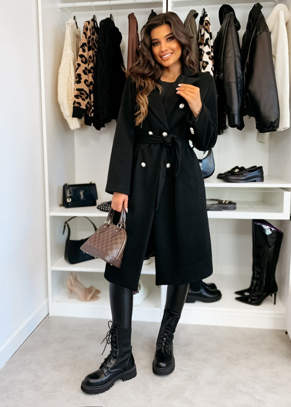 Double Breasted Wool Coat Black Belted Winter Design - Product showcase