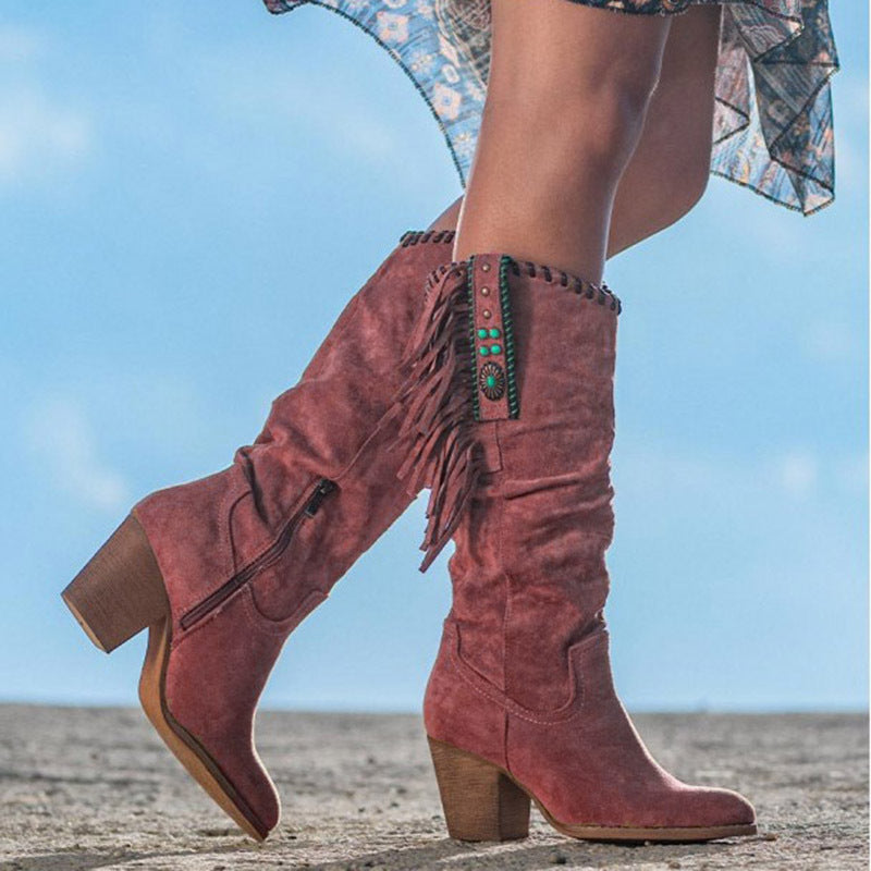 Western Fringe Boots Suede Knee High Block Heel - Product showcase