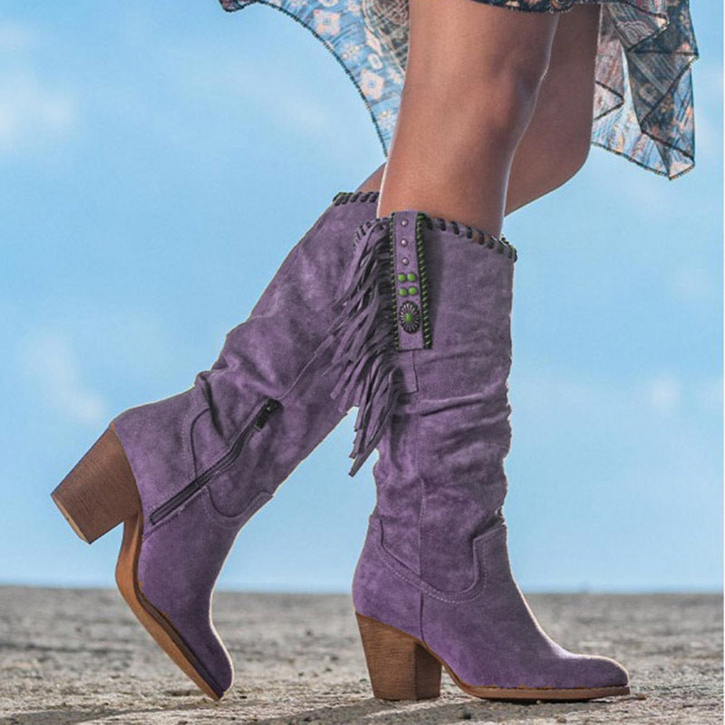 Western Fringe Boots Suede Knee High Block Heel - Product example