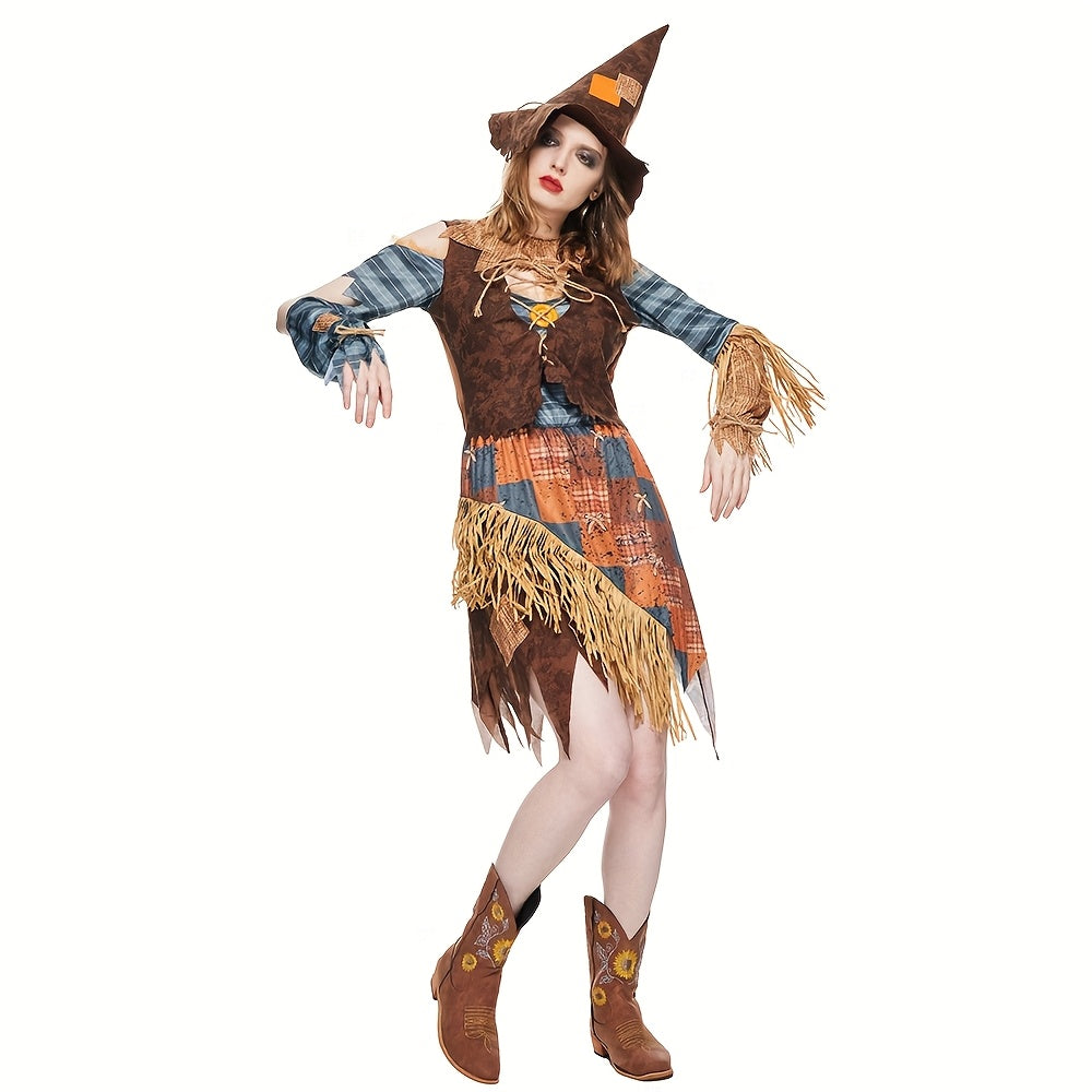 Womens Halloween Scarecrow Dress Off-Shoulder Mini Costume - Product showcase