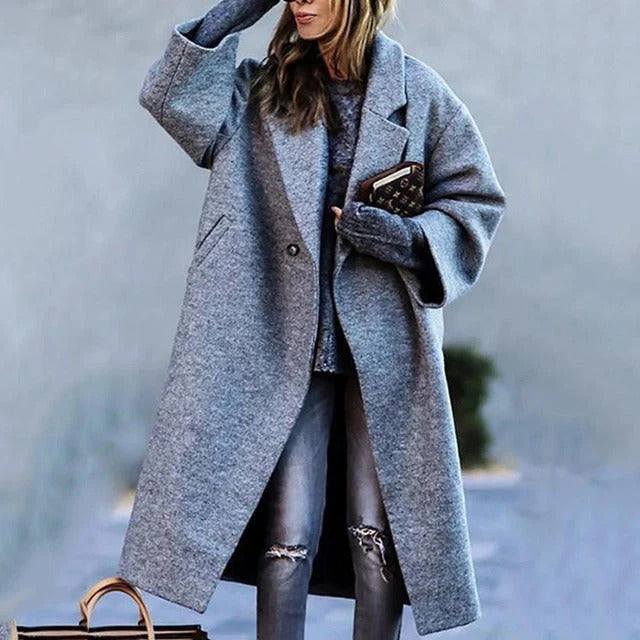Wool Blend Long Coat Oversized Winter Design With Notched Lapel - Product showcase