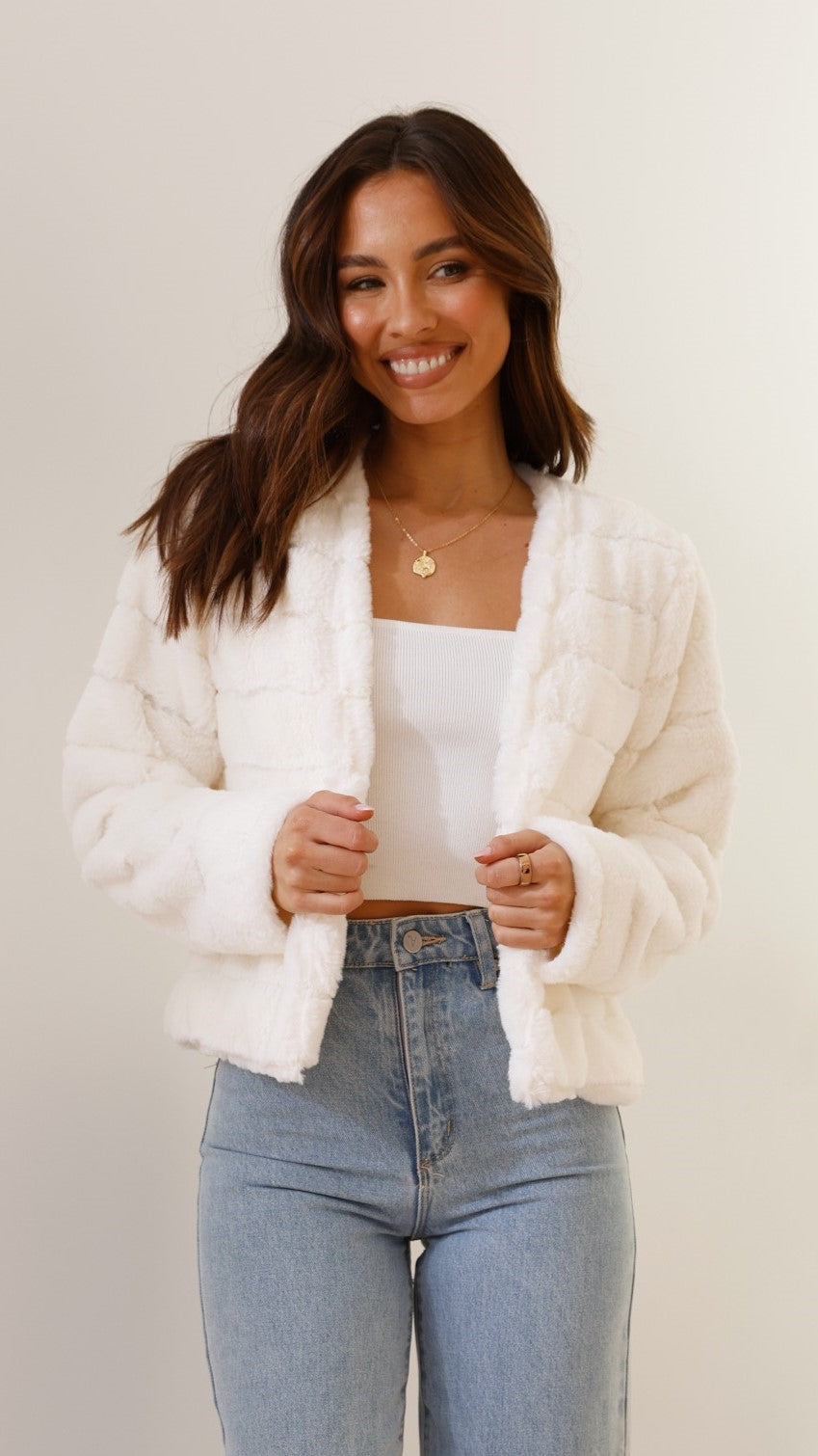 Quilted Faux Fur Crop Jacket Open Front Winter White Design - Product showcase