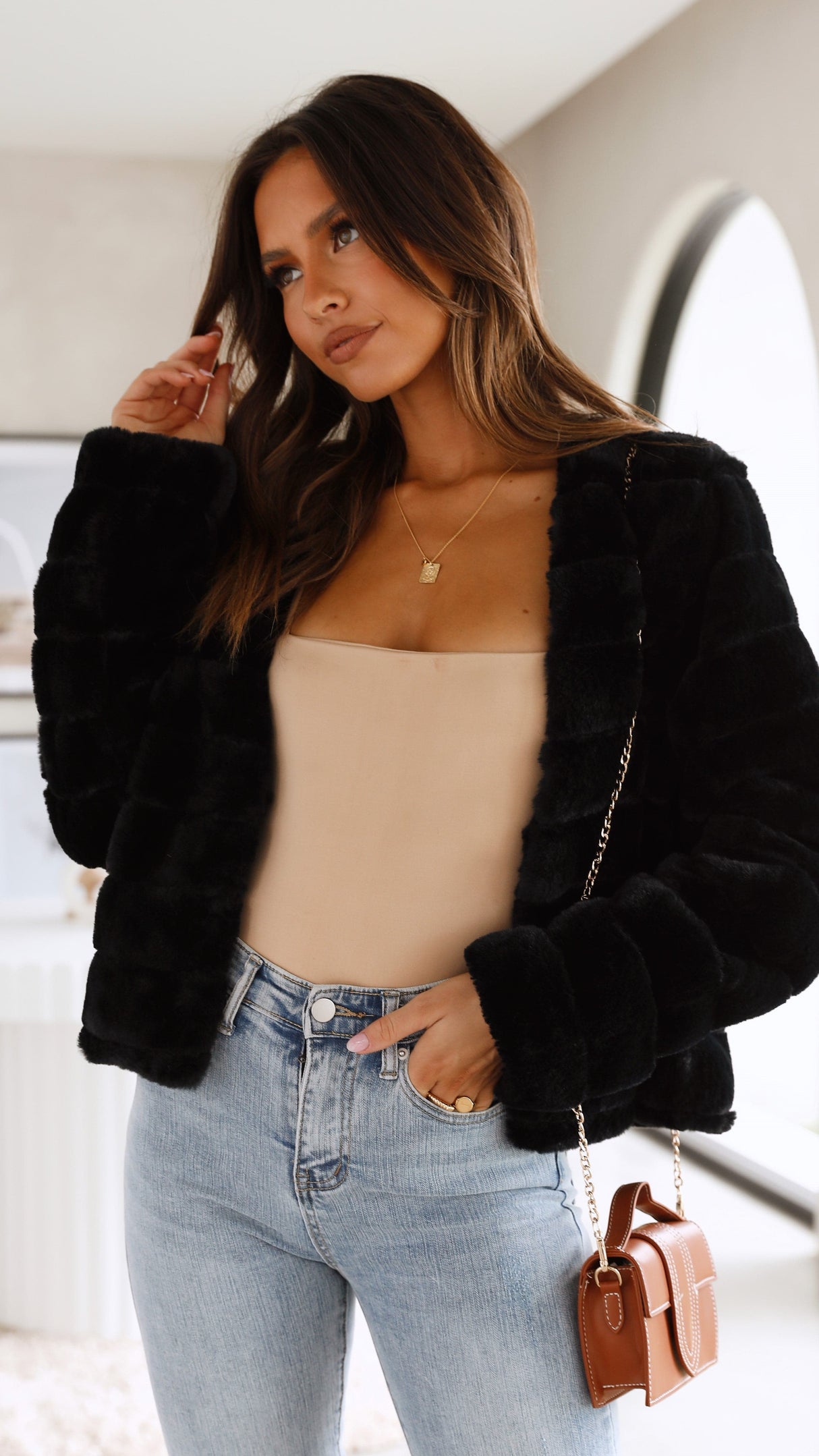 Quilted Faux Fur Crop Jacket Open Front Winter White Design - Product detail 7