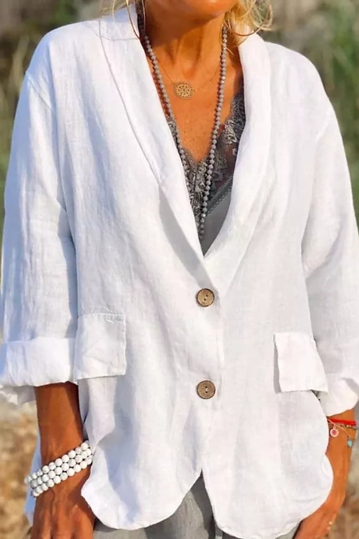 Linen Summer Blazer Relaxed Fit V-Neck White - Product showcase