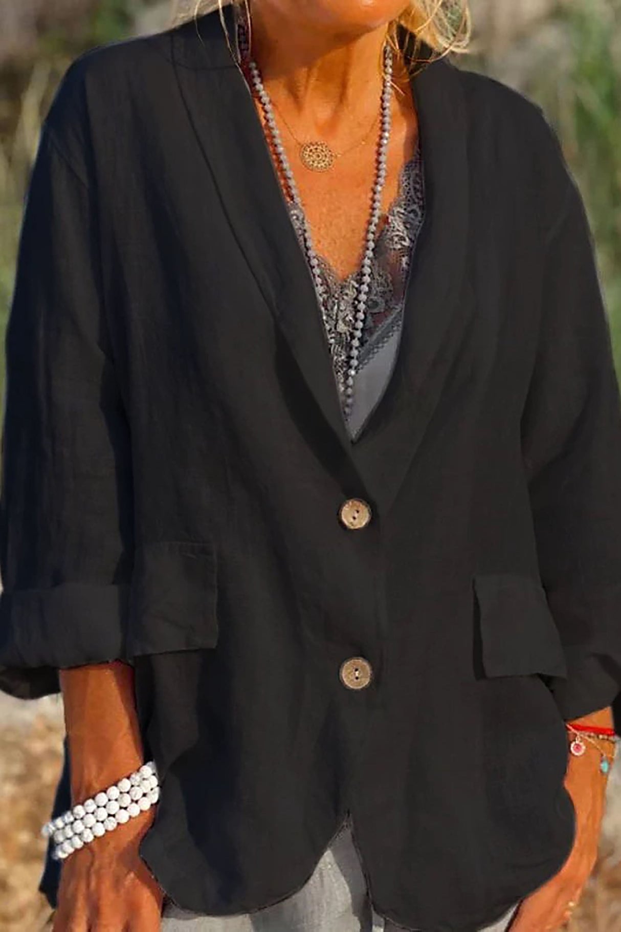 Linen Summer Blazer Relaxed Fit V-Neck White - Product example