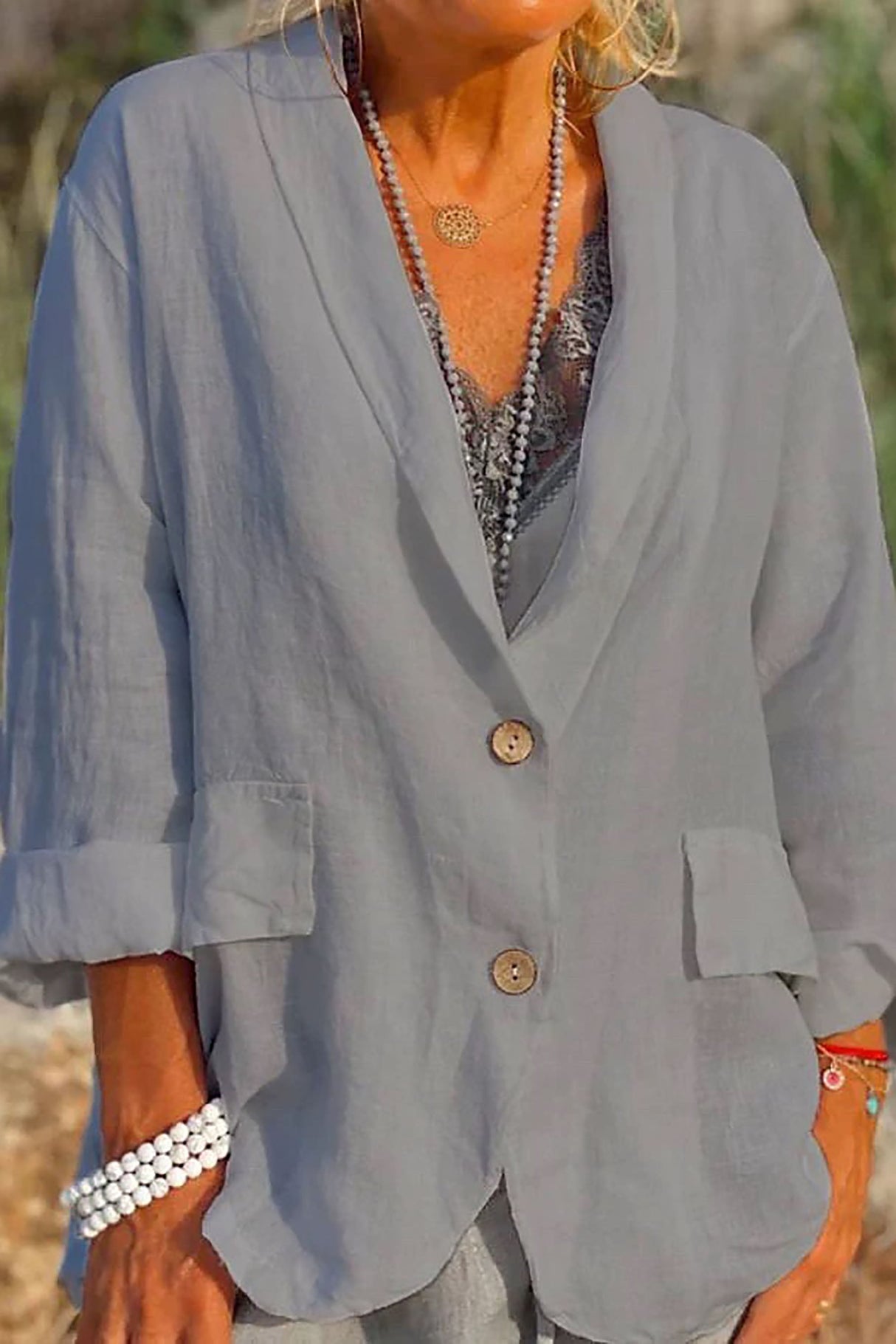 Linen Summer Blazer Relaxed Fit V-Neck White - Product detail 4