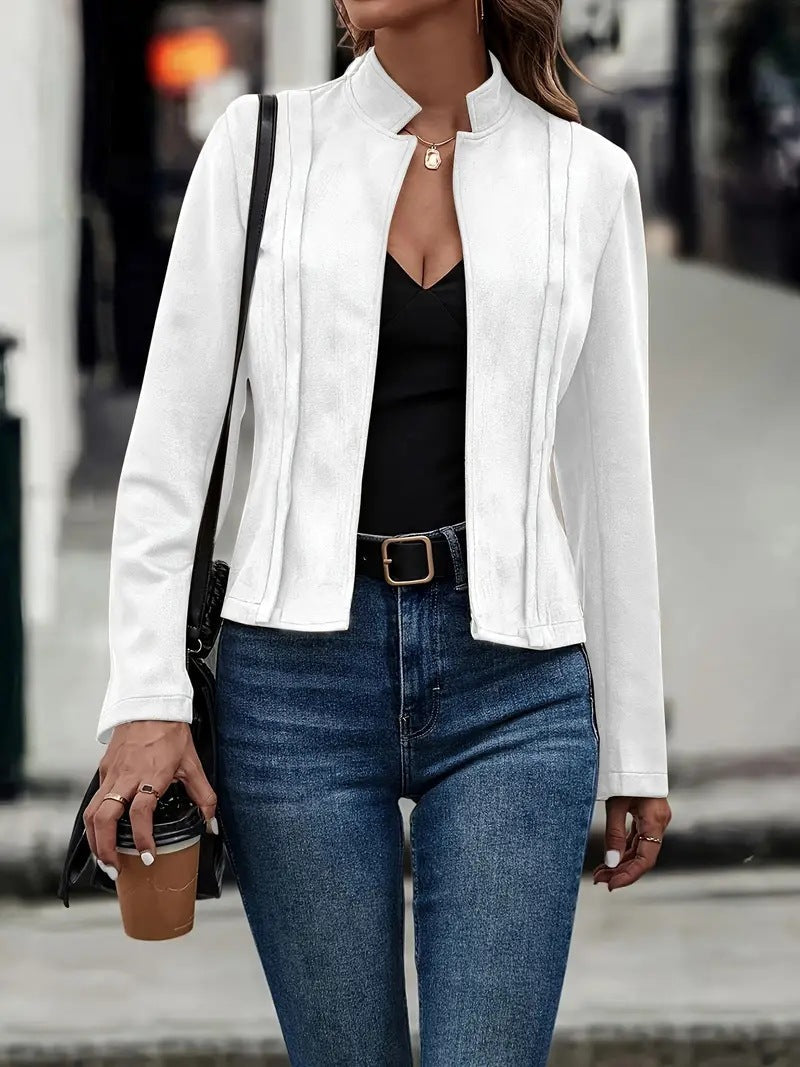 Minimalist Wool Blend Jacket Stand Collar Open Front Design - Product showcase