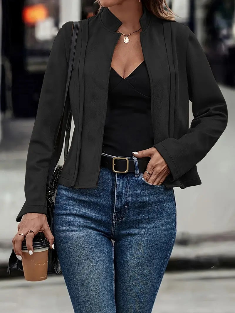 Minimalist Wool Blend Jacket Stand Collar Open Front Design - Detailed view