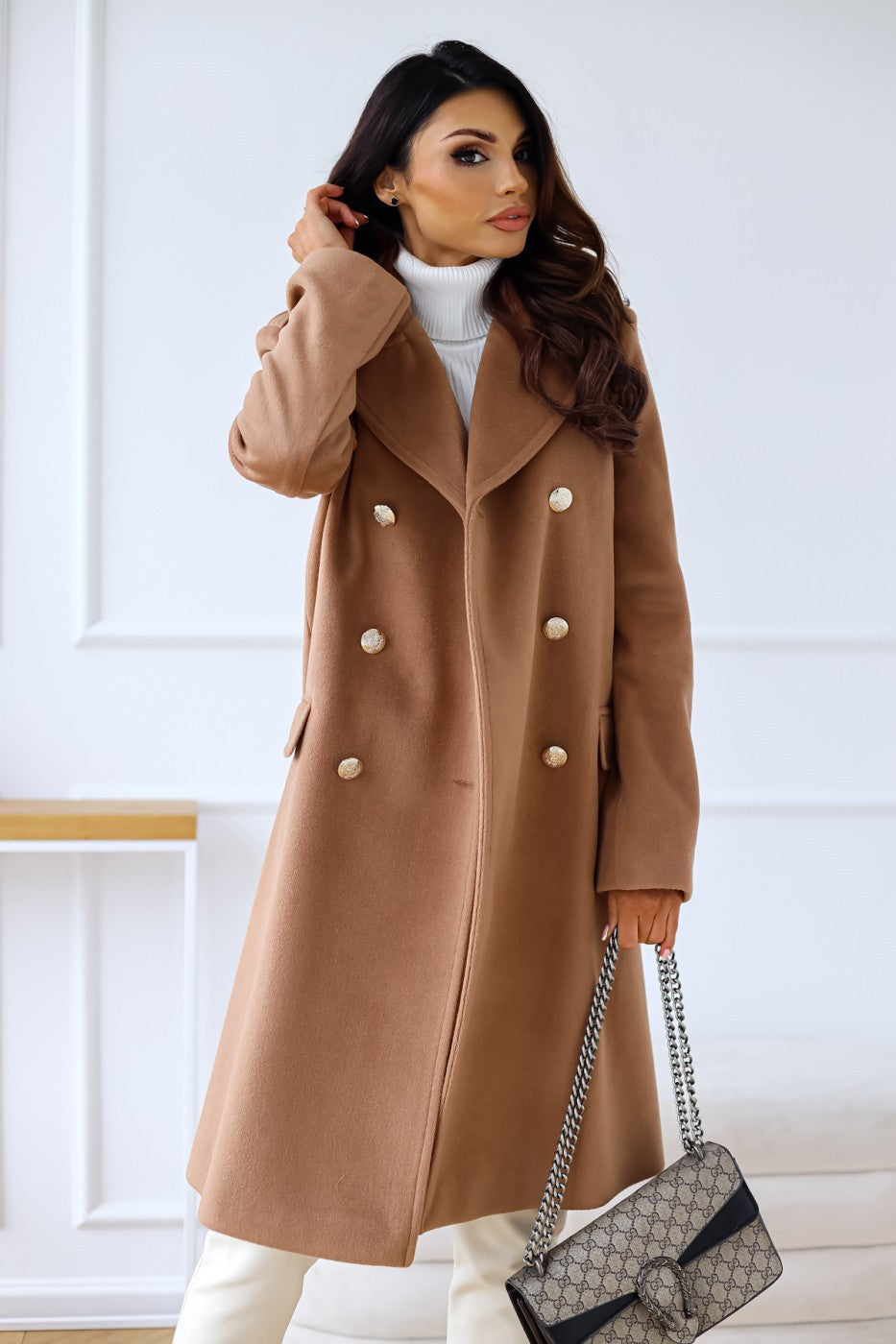 Classic Wool Winter Coat Double Breasted Camel Full Length - Product showcase