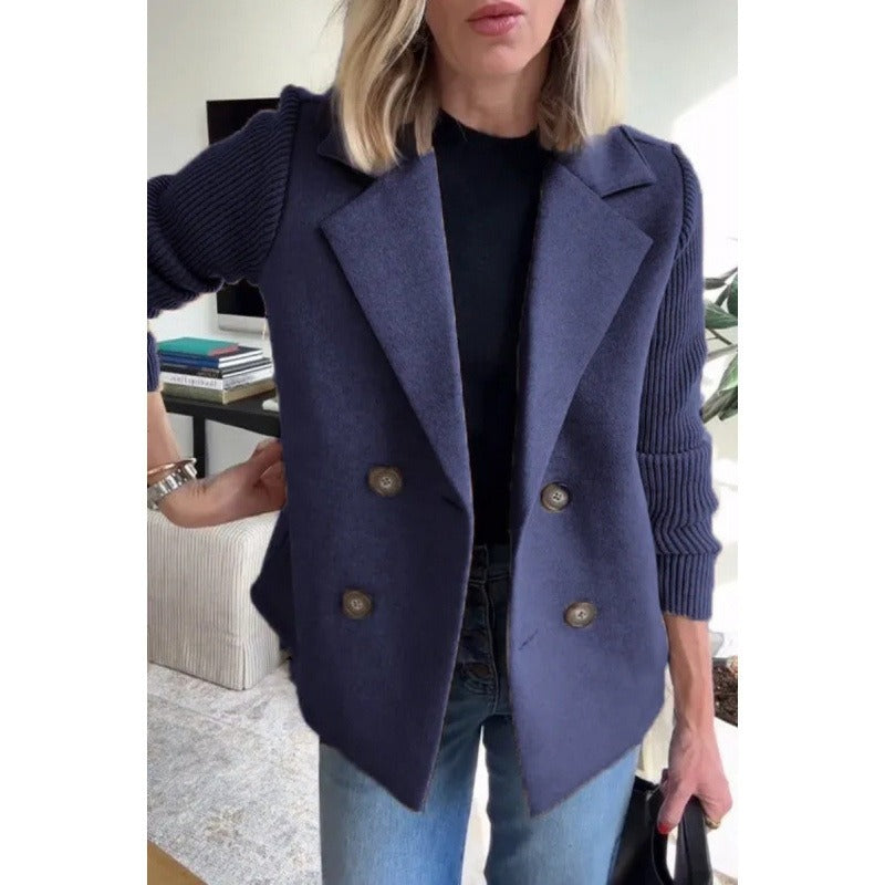 Double-Breasted Wool Coat Ribbed Sleeve Turquoise Design - Product detail 5