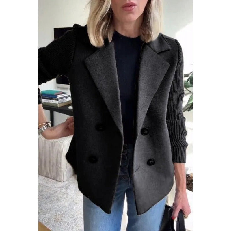 Double-Breasted Wool Coat Ribbed Sleeve Turquoise Design - Product detail 6