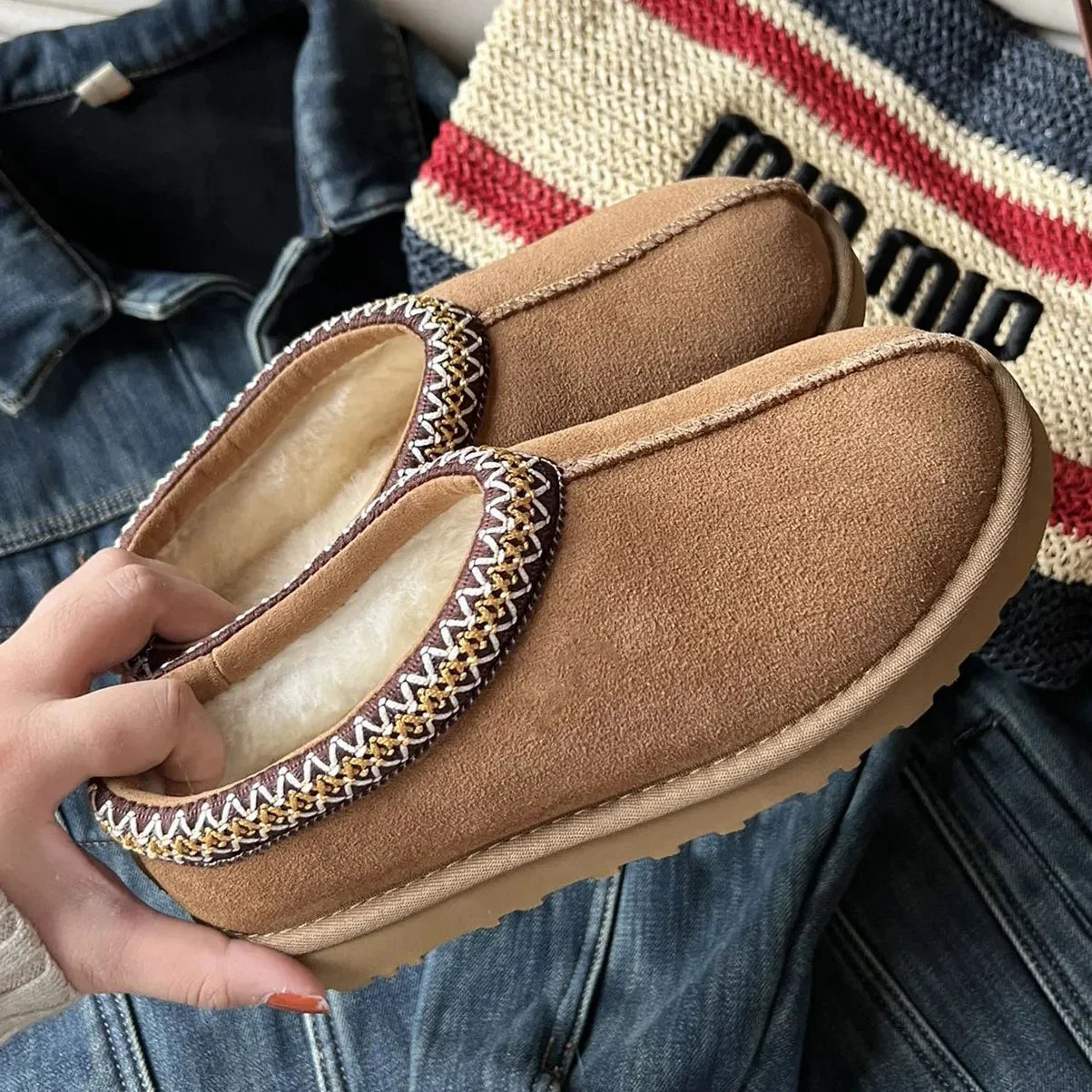 Shearling Lined Slippers Suede Comfort Moccasins With Embroidered Trim - Product showcase