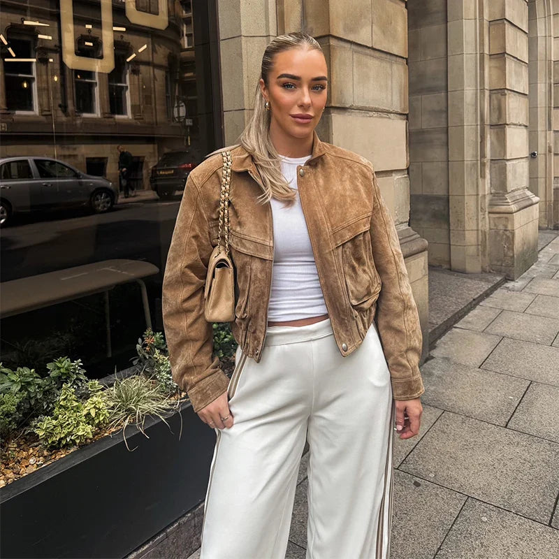 Vintage Suede Bomber Jacket Caramel Brown Cropped Design - Product detail 7