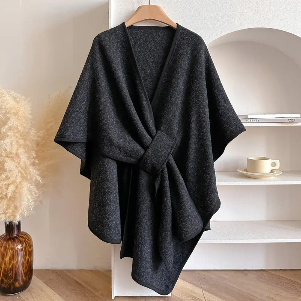 Wool Draped Poncho Elegant Knee-Length Cape With Waist Tie - Detailed view