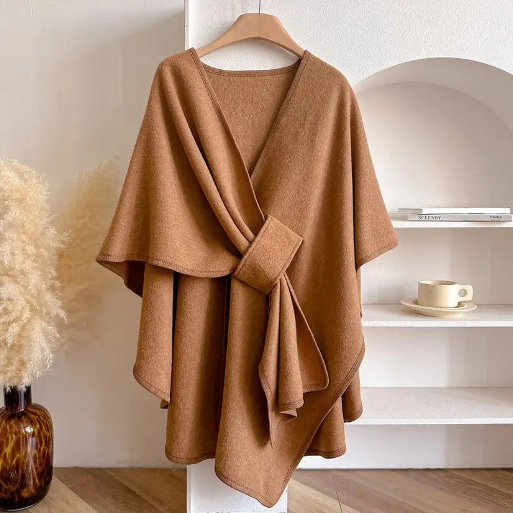 Wool Draped Poncho Elegant Knee-Length Cape With Waist Tie - Product detail 5