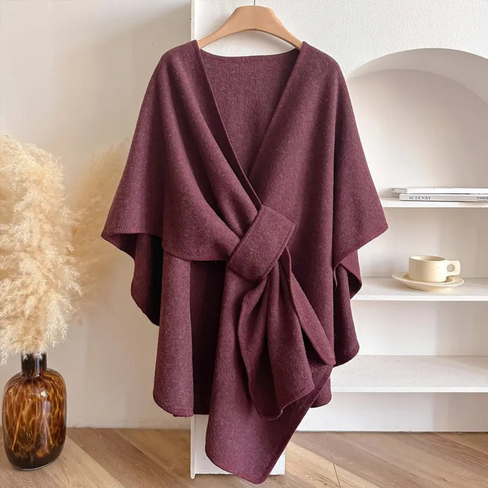 Wool Draped Poncho Elegant Knee-Length Cape With Waist Tie - Product detail 6