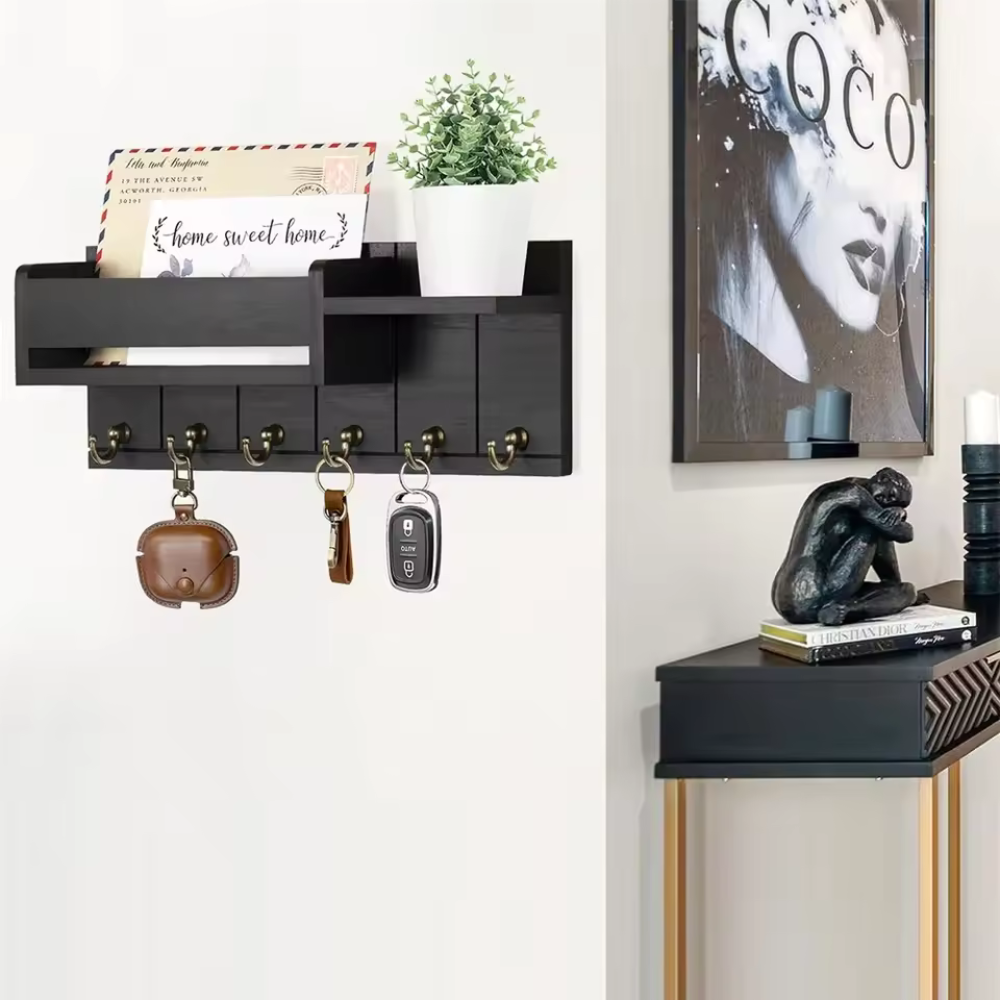 Rustic Wall Key Organizer Solid Wood Mail Holder with 6 Hooks - Detailed view
