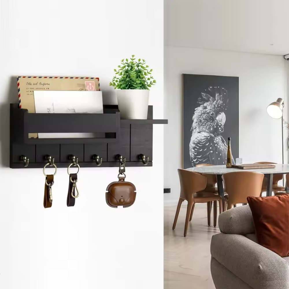 Rustic Wall Key Organizer Solid Wood Mail Holder with 6 Hooks - Product detail 4