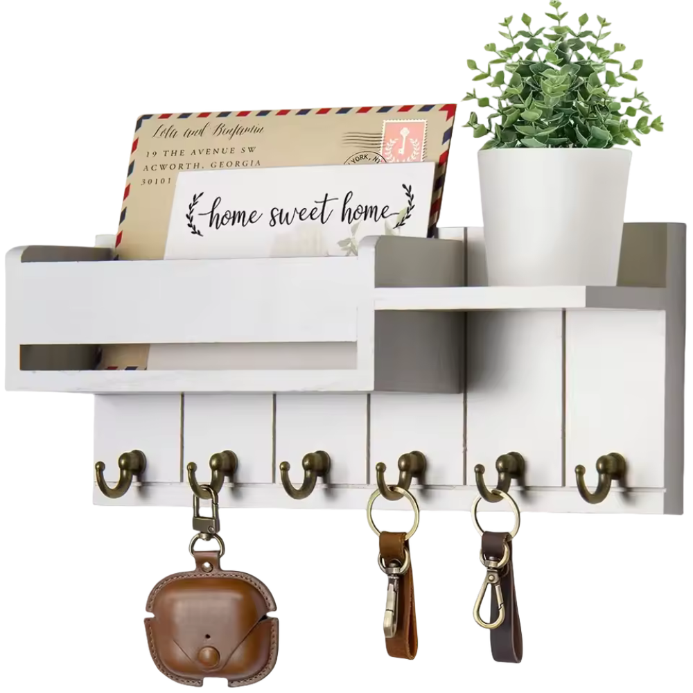 Rustic Wall Key Organizer Solid Wood Mail Holder with Hooks - Product detail 7