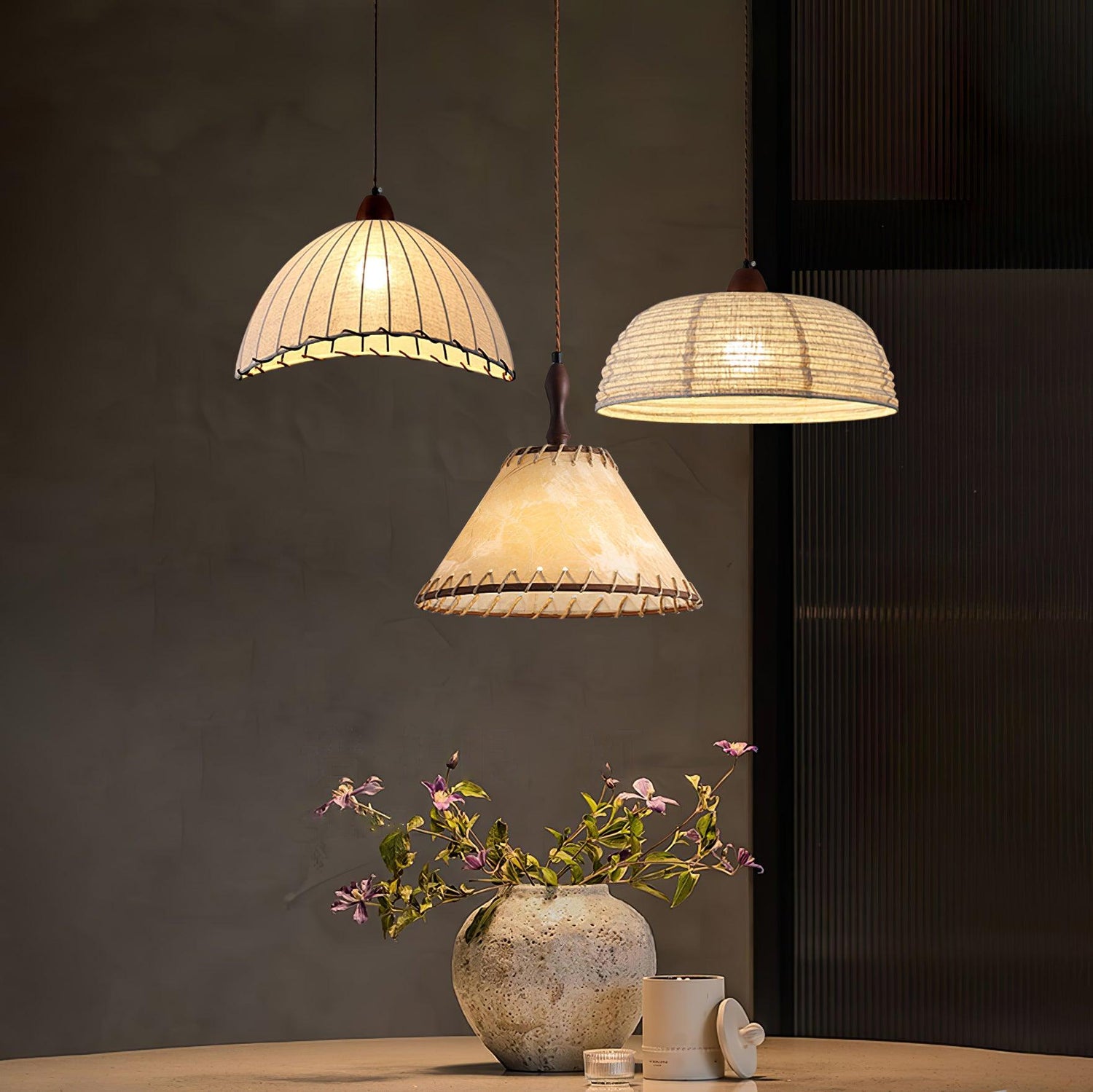 Fabric Pendant Light  Natural Wood Trim Design - Product showcase