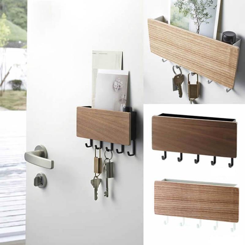 Wooden Wall Key Holder Modern Entryway Organizer with Colorful Hooks - Detailed view