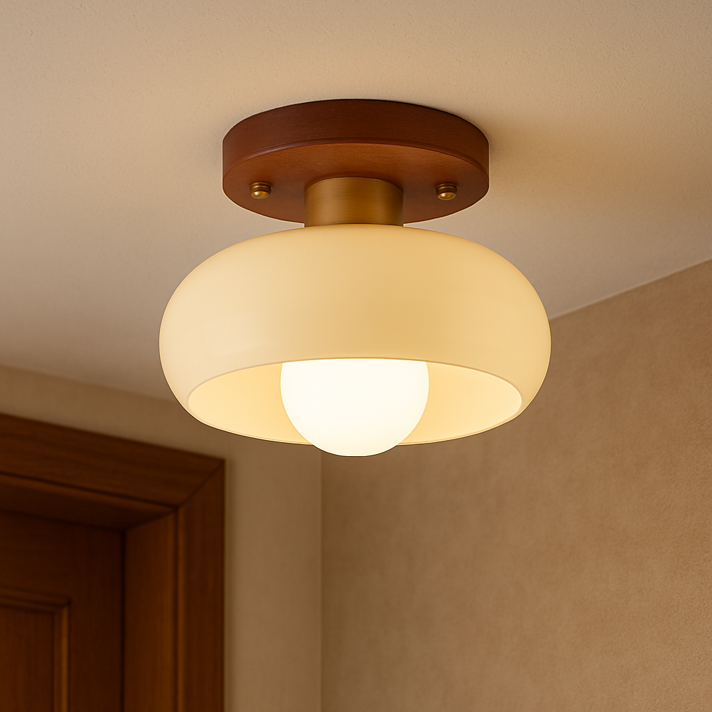 Nordic Ceiling Light Warm Wood Cream Glass Shade - Product showcase