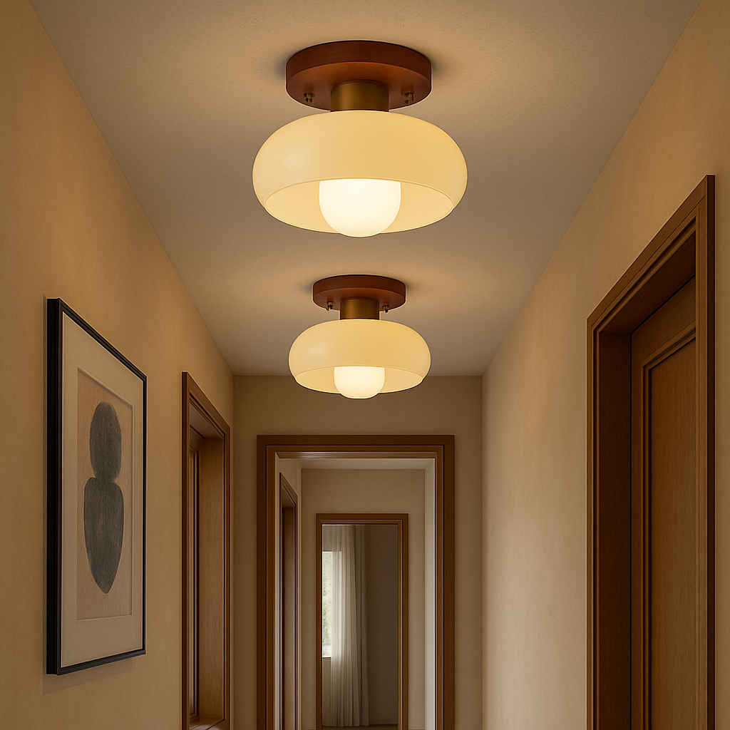 Nordic Ceiling Light Warm Wood Cream Glass Shade - Product example