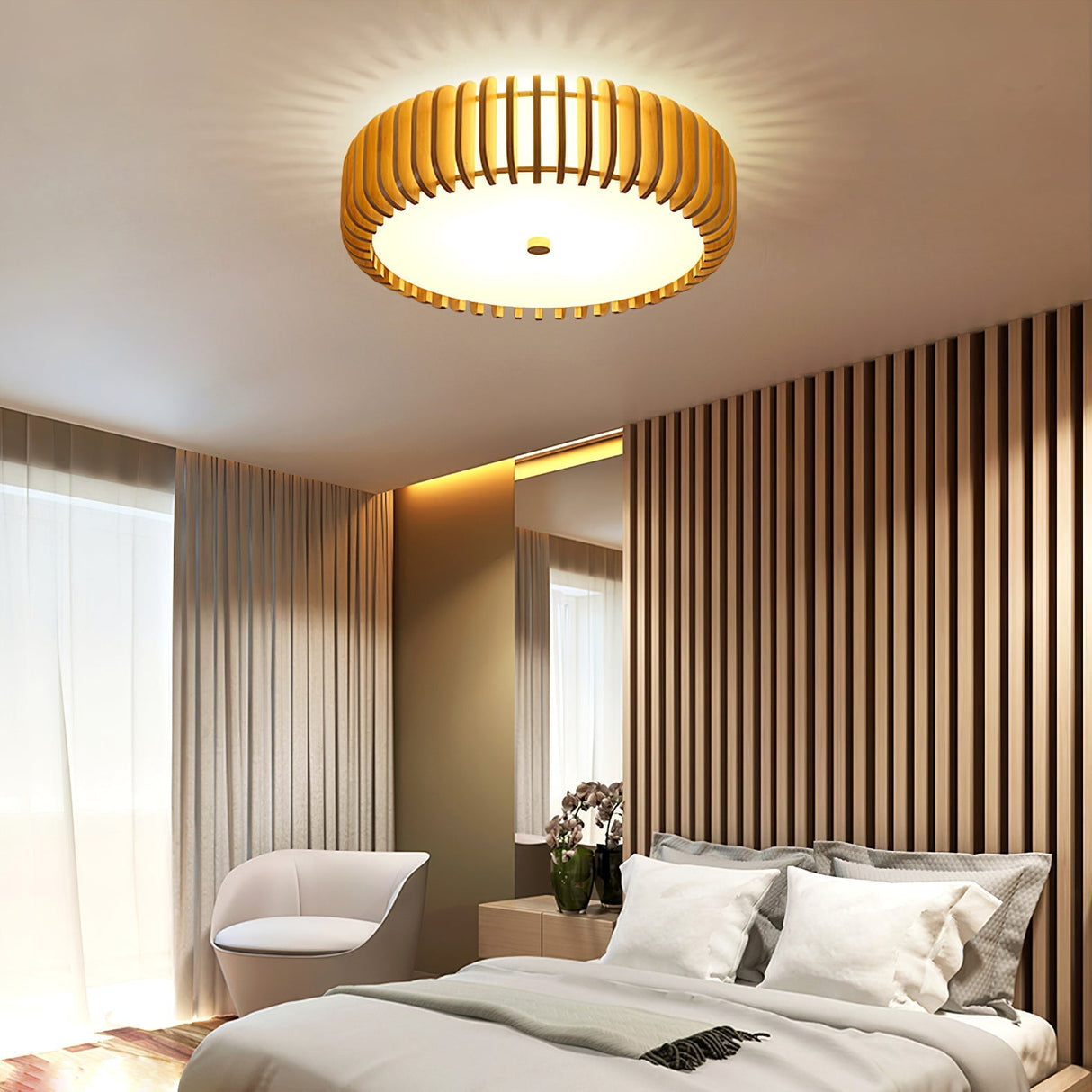 Modern Wooden Ceiling Light Natural Slat Drum Design - Product detail 16