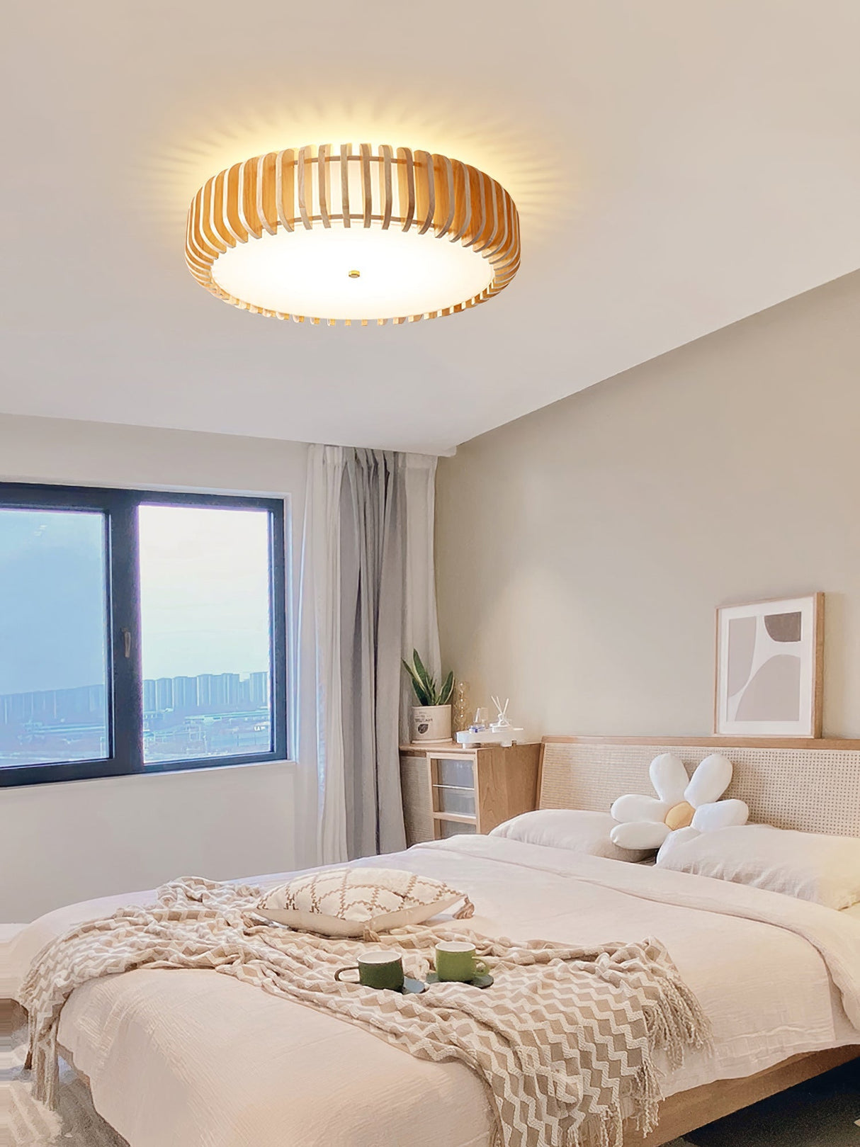 Modern Wooden Ceiling Light Natural Slat Drum Design - Product detail 7