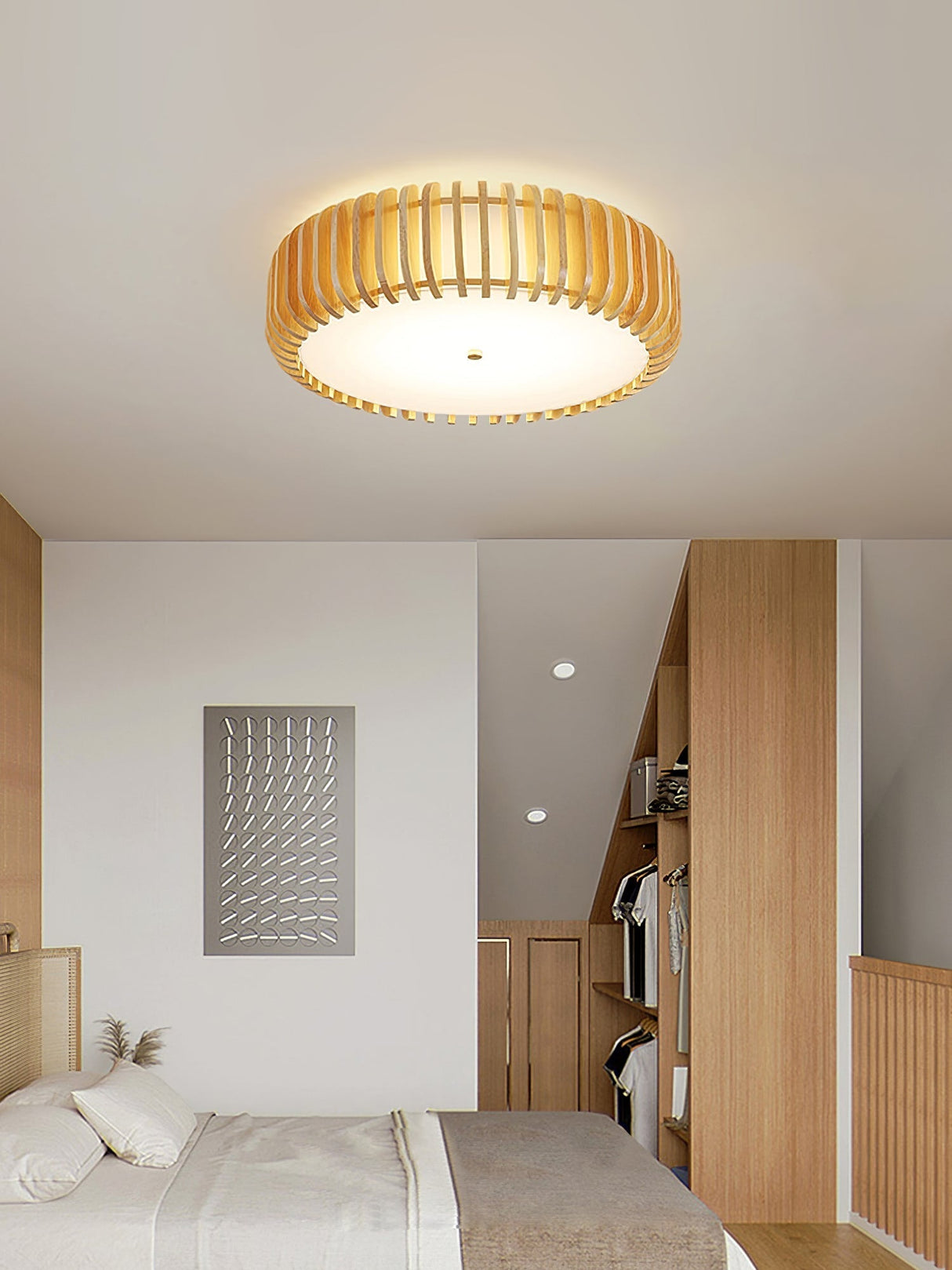 Modern Wooden Ceiling Light Natural Slat Drum Design - Product detail 10